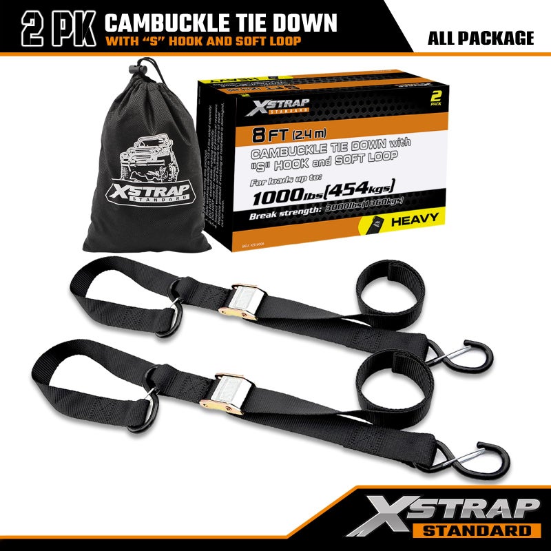 XSTRAP STANDARD Motorcycle Tie Down Straps (2 Pack) 3,000lb Break Strength, 1.5 in X 8FT Heavy-Duty Cambuckle Tie Down Set with S Hook and Soft Loops, Black - Image 2